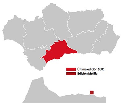 Mapa de Andalucía con Málaga y Melilla marcados en rojo
